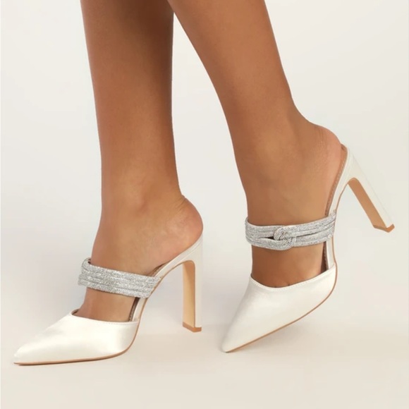 Lulu’s Celines White Satin Rhinestone Pointed-Toe Mule Pumps. Sz: 7 - Picture 4 of 15